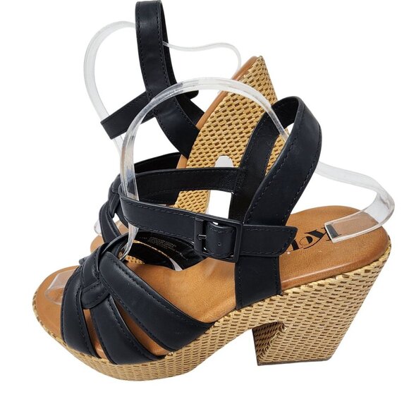 Korks Black Strappy Sandals Woven Block Heel Size 11M - Picture 1 of 10